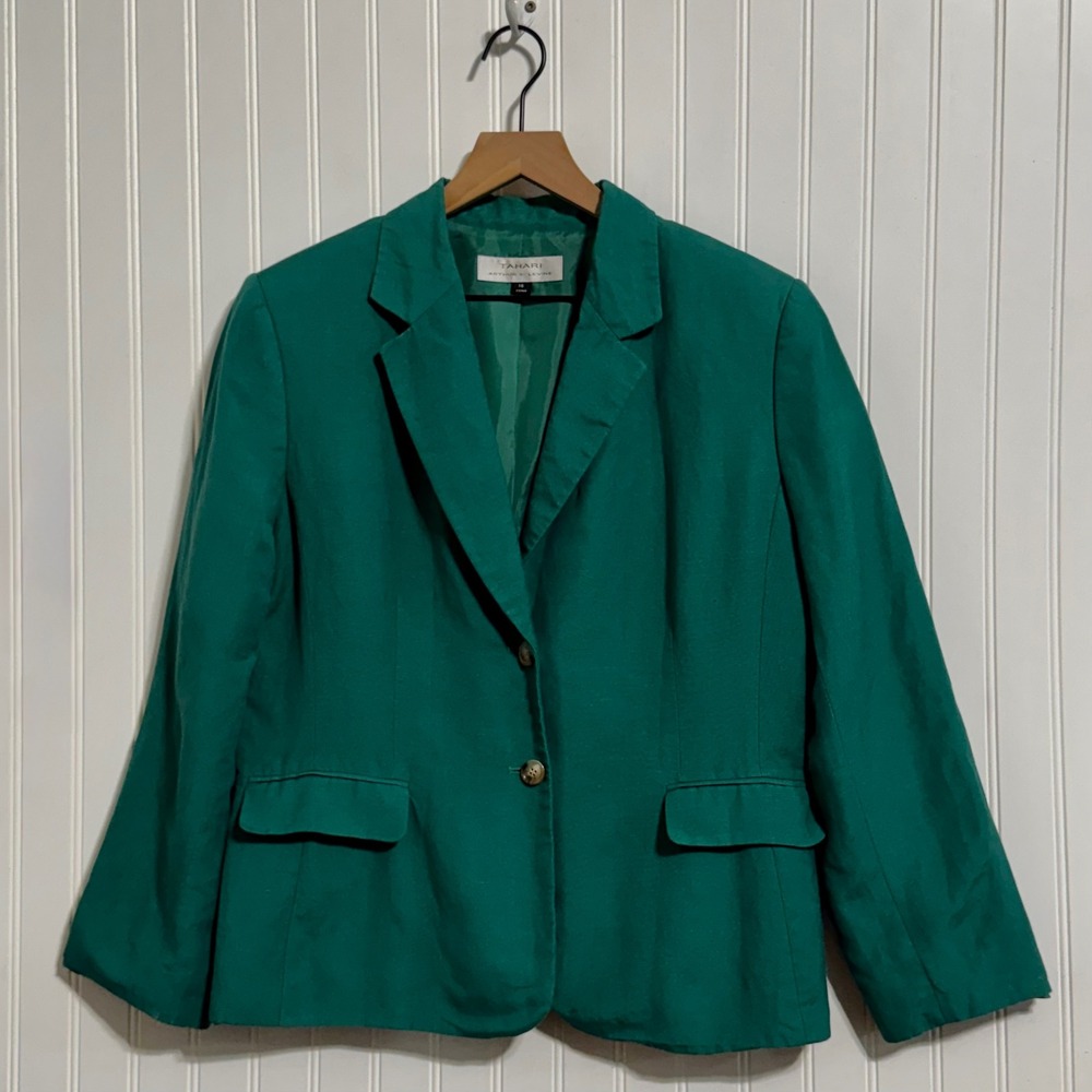 Tahari Arthur S Levine Womens 16 Blazer Linen Blend Green Workwear Office Siren